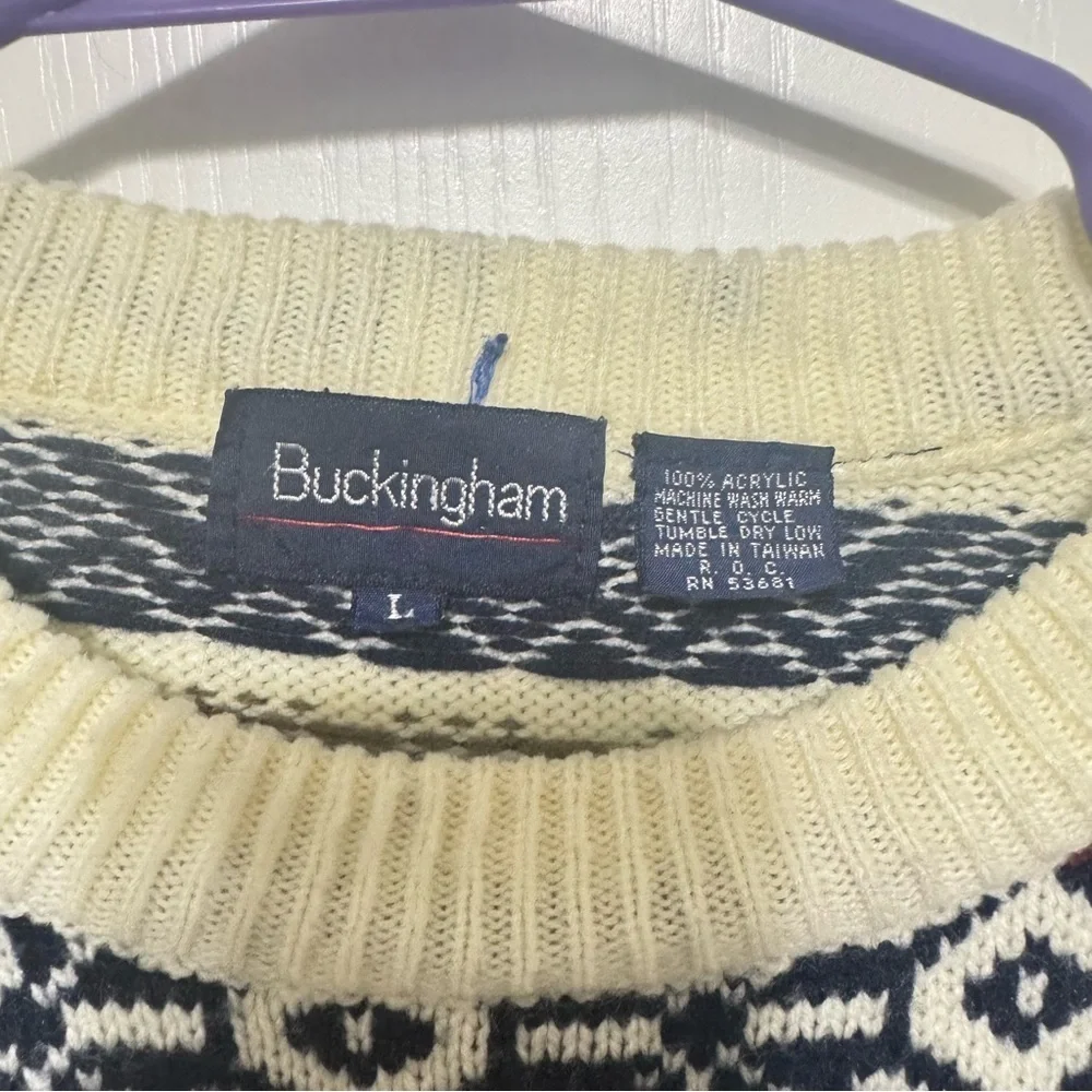 Vintage Ivory and Navy Patterned Crewneck Sweater